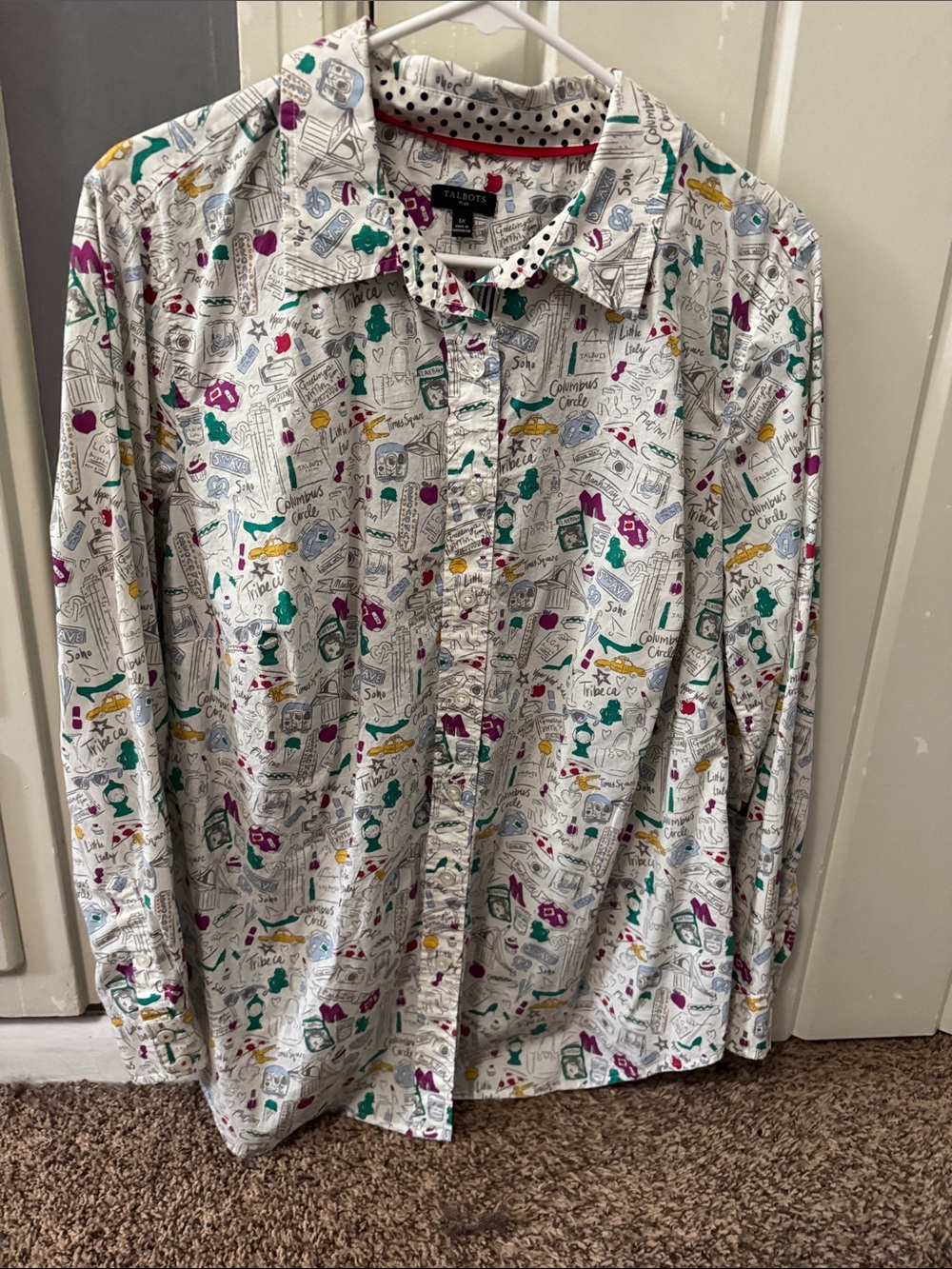 Talbots White Casual Button-Down Shirt with Green, Purple and Yellow Accents.